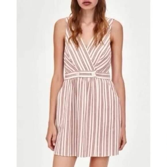 Zara Striped Mini Wrap Dress TRF Collection Women's Medium Sleeveless Wide Strap - Picture 1 of 7